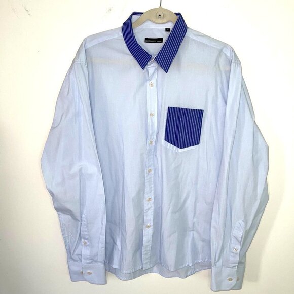 Oleg Cassini Skinny Shirt XL Mens Vintage Cotton Blue Pink Striped Pocket Collar - Picture 9 of 12
